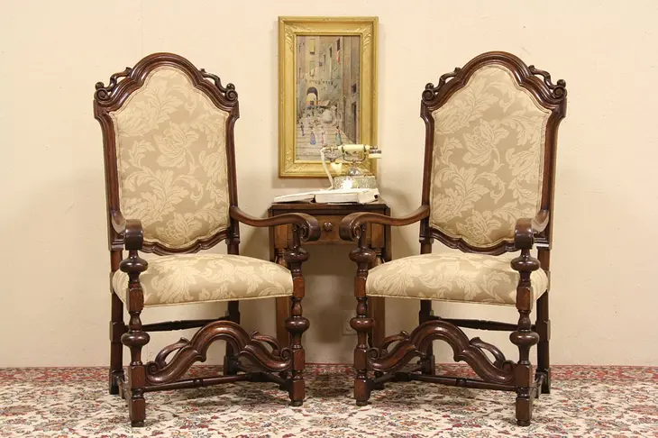 Pair Carved 1900 Oak Throne, Hall or Host Chairs