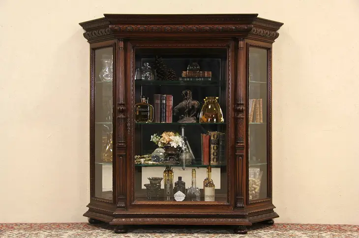 Italian Carved 1900 Antique China or Curio Display Cabinet, Beveled Glass