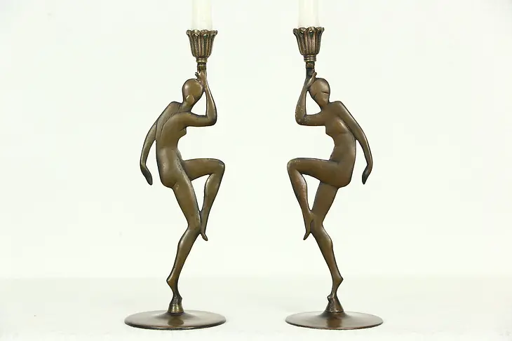 Pair 1930's Bronze Nude Dancer Vintage Candlesticks