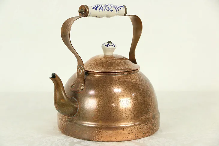 Copper Hand Painted Porcelain Handle Tea Kettle, Made in Portugal