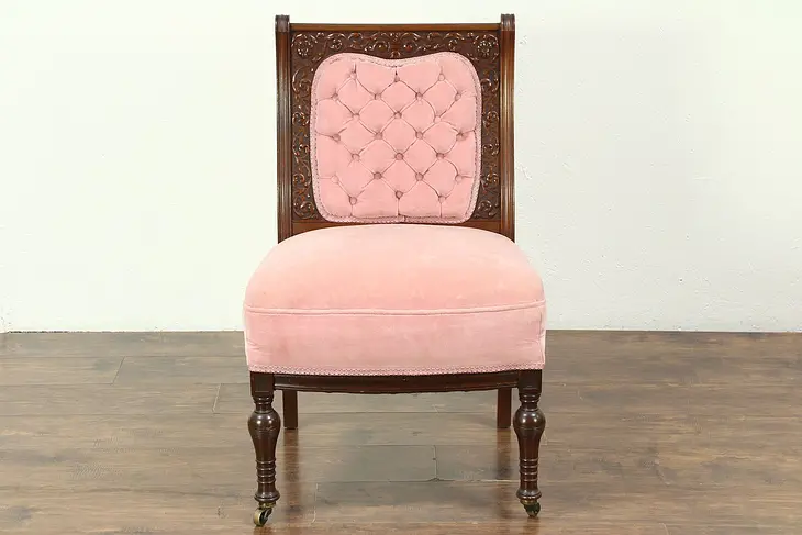Victorian Antique 1880's Carved Walnut Dressing Chair, Old Velvet #28651