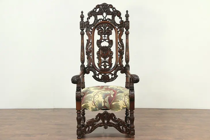 Carved Mahogany Antique Hall or Throne Chair, Tapestry Upholstery, Italy #28904