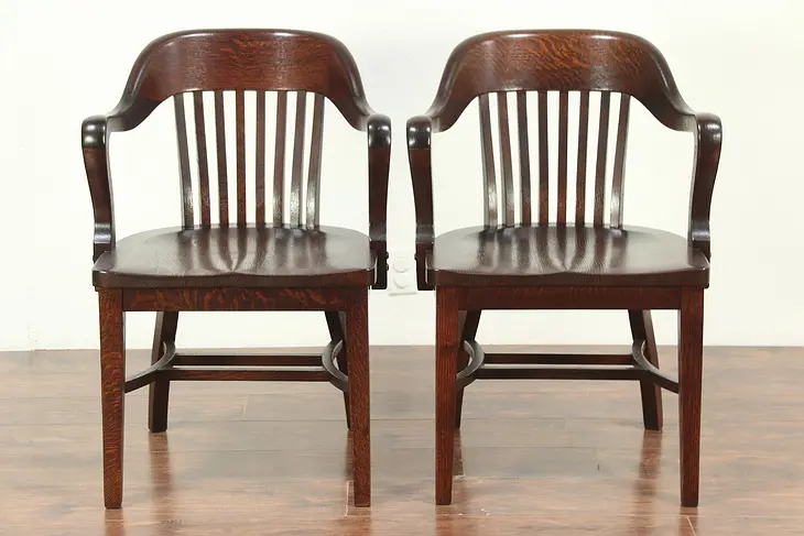Pair of Antique Quarter Sawn Oak Banker, Office or Library Chairs, Klode #29033