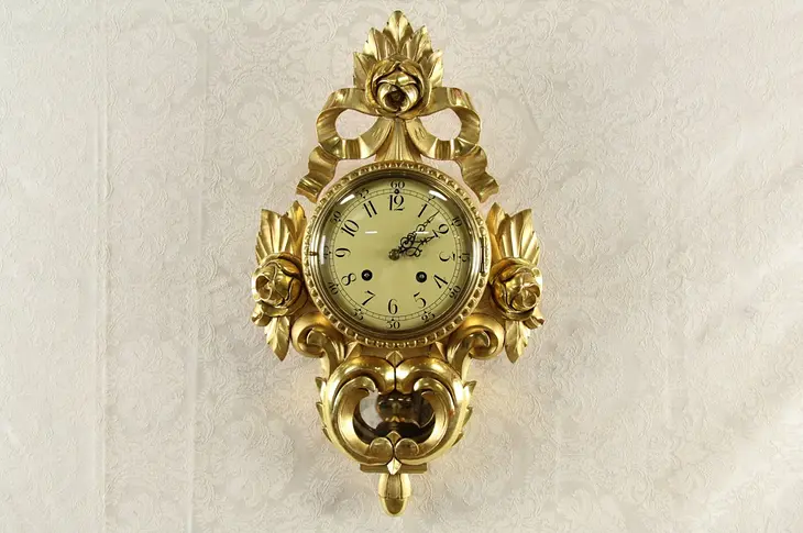Swedish Westerstrand Gold Rococo Carved Cartouche Wall Clock