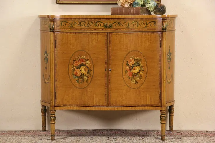 Hall Console Cabinet or Sideboard, 1920's Satinwood Hand Painted