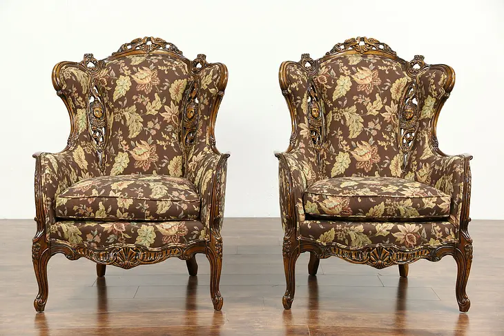 Pair Carved Lovebird & Angel 1940's Vintage Wing Chairs, New Upholstery