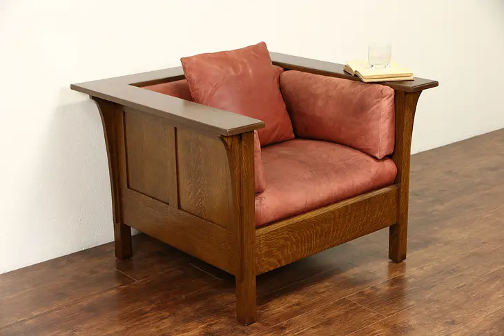 Stickley Signed Craftsman Oak Vintage Chair, Original Leather