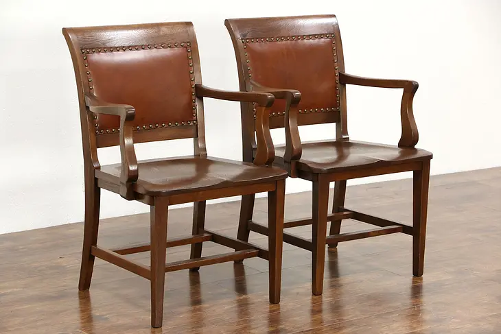 Pair Walnut & Leather Antique Library or Office Chairs, Signed Marble of Ohio
