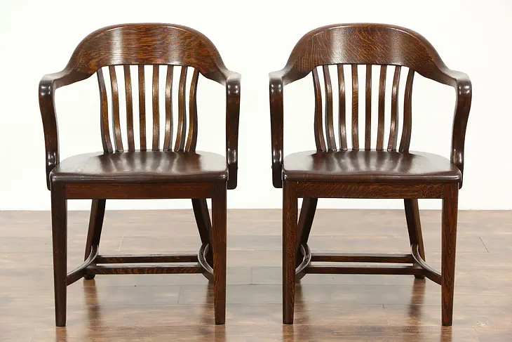 Pair of Quarter Sawn Oak 1910 Antique Banker, Desk or Office Chairs