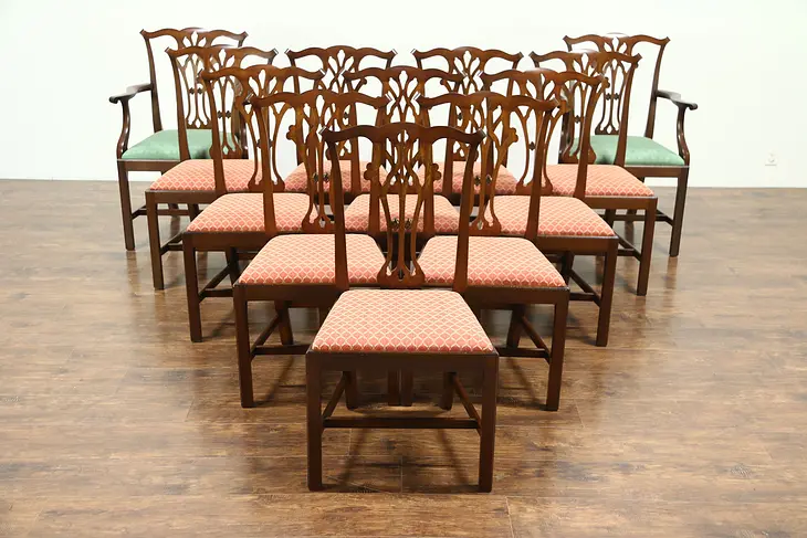 Set of 12 Traditional Georgian Style Carved Mahogany Vintage Dining Chairs