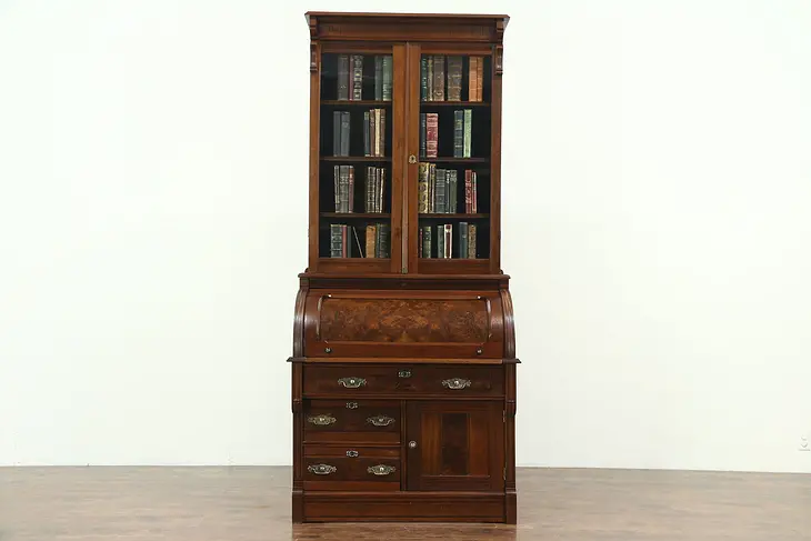 Victorian Eastlake Antique Cylinder Roll Top Secretary Desk & Bookcase