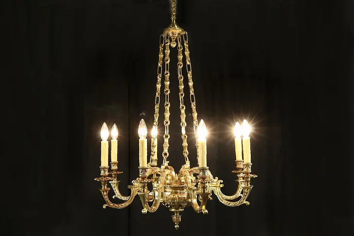French Cast Solid Bronze 8 Candle Antique Chandelier #31089