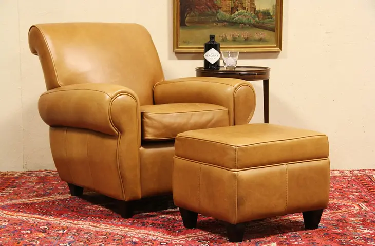 Leather Club Chair & Ottoman Vintage Set