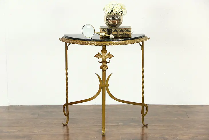 Black Marble and Gilt Wrought Iron 1920 Antique Demilune Console Table