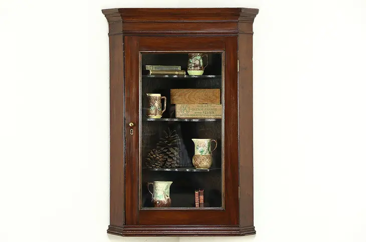 English Georgian 1830 Antique Hanging Cupboard or Corner Cabinet, Glass Door
