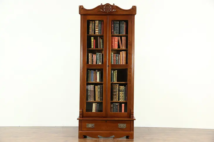 Victorian 1885 Antique Walnut Bookcase, China, Curio or Bath Cabinet