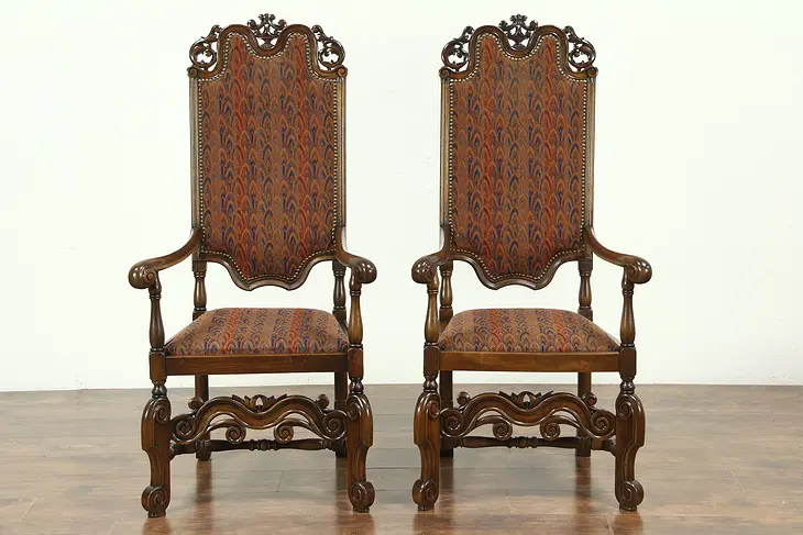 Pair of Antique Carved Walnut Throne, Host or Hall Chairs, Scandinavia #28875