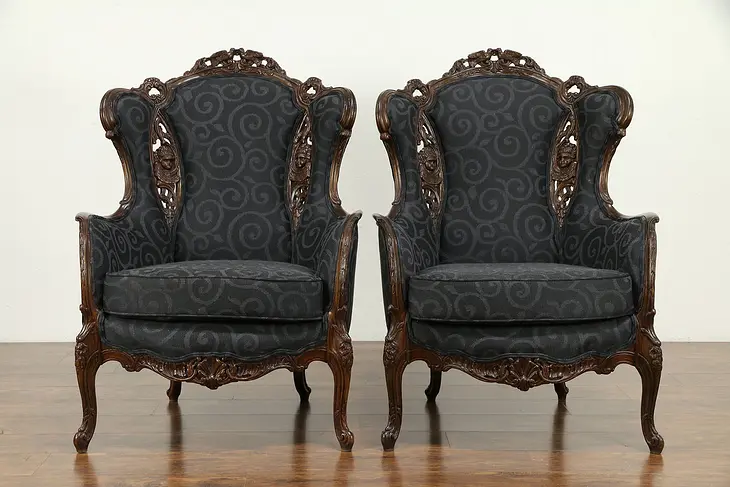 Pair of Vintage Wing Chairs, Carved Lovebirds & Angels, New Upholstery #31375