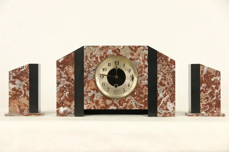 French Art Deco 1925 Antique Three Piece Colored Marble Clock Set