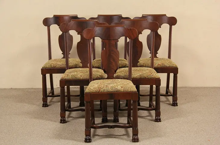 Set of Six 1900 Antique Empire Mahogany Dining Chairs, Paw Feet