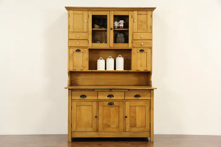 Maple Antique 1900 Baker Cabinet Pantry Cupboard, 3 Hoppers