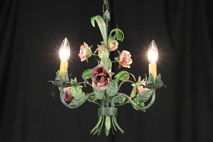 Italian Wrought Hand Painted Tin Vintage Chandelier with Roses