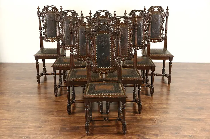 Set of 8 Black Forest Grapevine Carved 1880's Dining Chairs, Embossed Leather