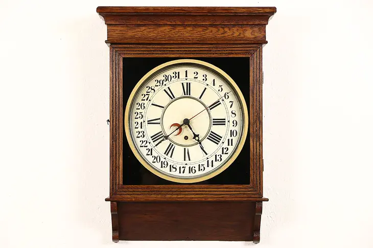 Oak 1890's Antique Calendar Clock, Signed Sessions, Connecticut