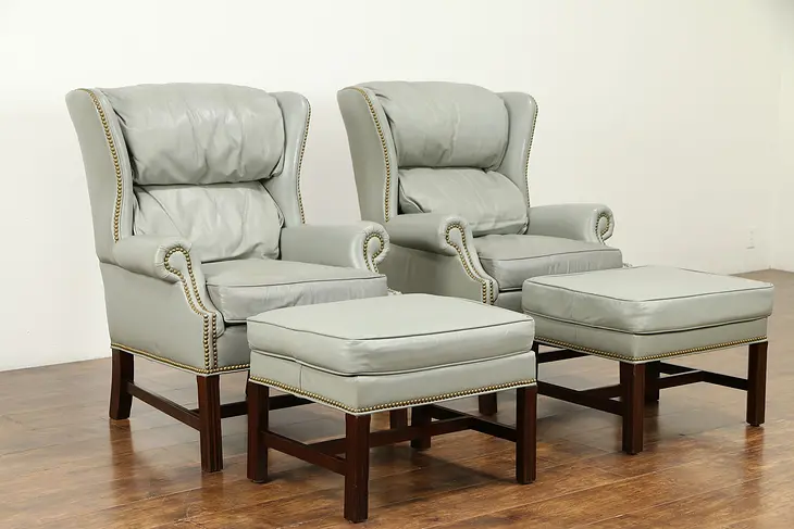 Pair of Gray Leather Vintage Wing Chairs & 2 Ottomans #31043