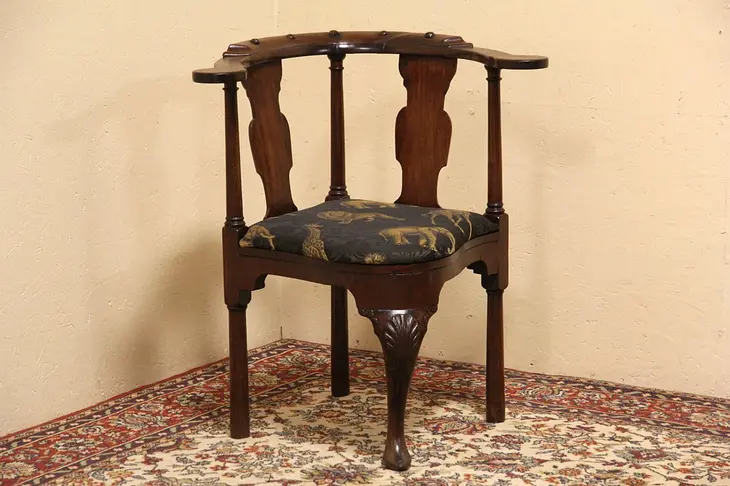 Carved 1840 Antique English Corner Chair, New Upholstery