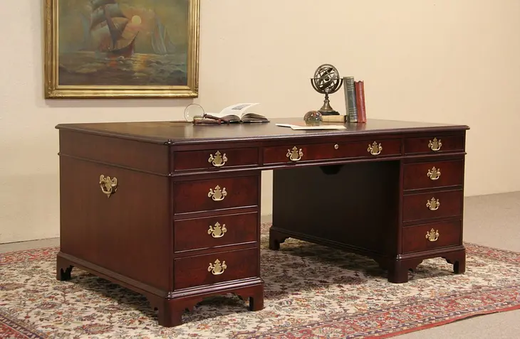 Kittinger Mahogany Executive Vintage Partner Desk, Leather Top