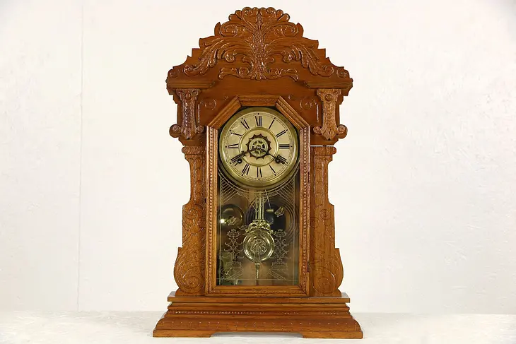 Waterbury Signed Victorian Antique 1890's Carved Oak Shelf Clock, Alarm