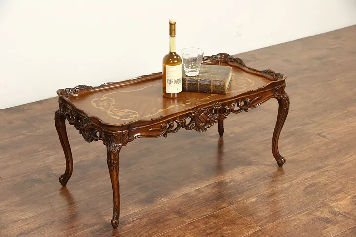 French Style Carved 1940's Vintage Coffee Table, Marquetry Top