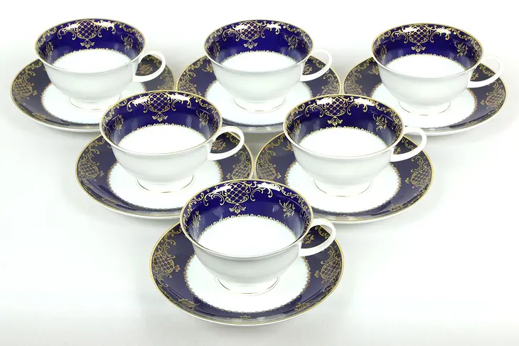 Set of Six Charlemagne by Rosenthal Germany Cups & Saucers, Coblalt and Gold