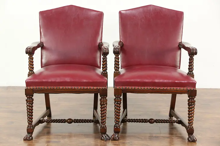 Pair of Carved Walnut 1920's Antique Red Leatherette Chairs