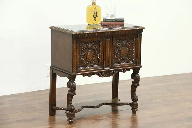 Renaissance Carved End Table, Humidor or Cabinet, Black Marble