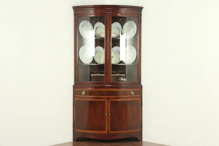 Traditional Curved Glass Vintage Mahogany Corner Cabinet, Signed Sligh #28914