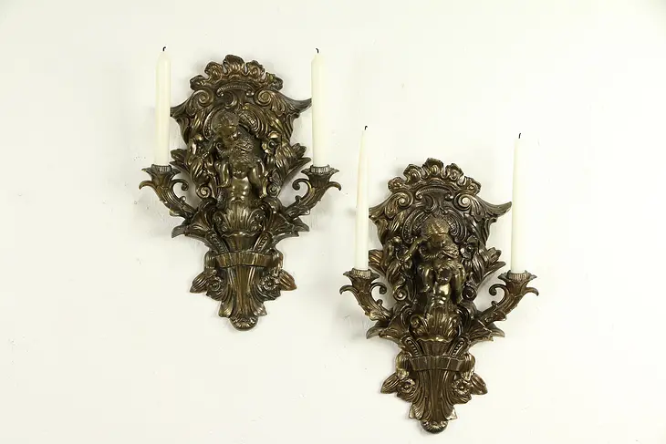 Pair of Bronze Toned Vintage Cherub Wall Double Candle Sconces #30832
