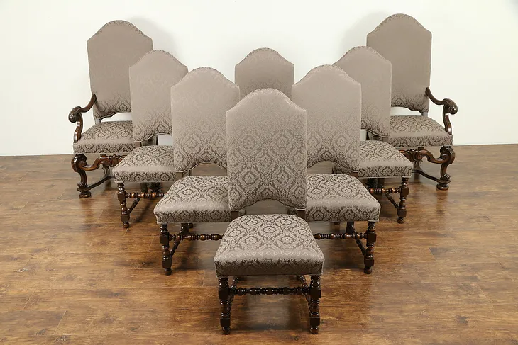 Set of 8 Antique Carved Walnut Dining Chairs, Widdicomb, New Upholstery #31209