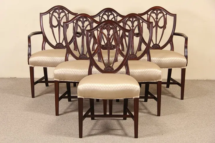 Set of 6 Shield Back Carved Mahogany Vintage Dining Chairs