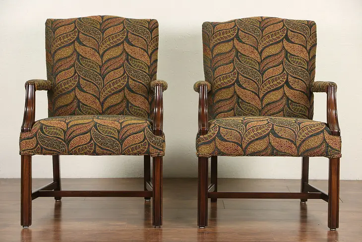 Pair of Vintage Traditional Library or Office Chairs with Arms, New Upholstery