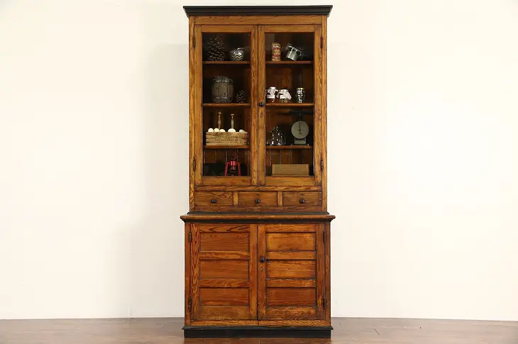 Country Pine 1890's Antique Pantry Cupboard Kitchen Cabinet, Wavy Glass Doors