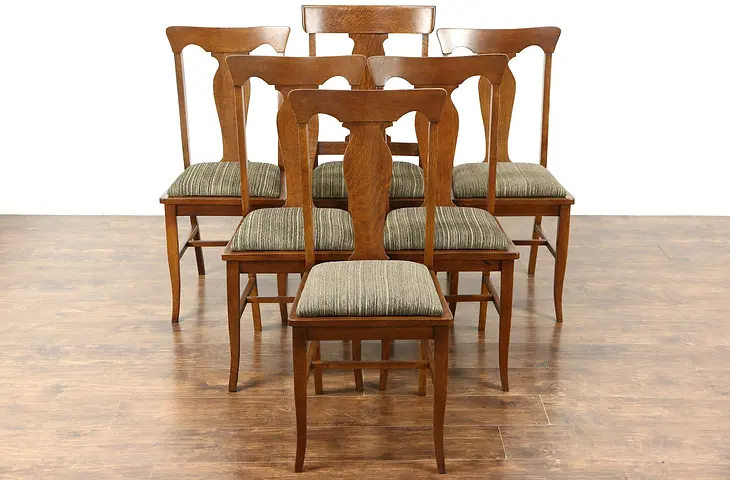 Set of 6 Quarter Sawn Oak Antique 1905 Dining Chairs, New Upholstery