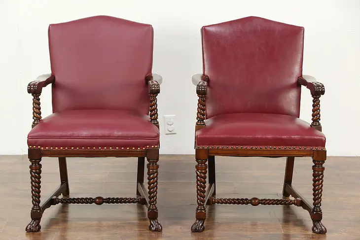 Pair of Carved Walnut 1920's Antique Red Leatherette Chairs, Scratch