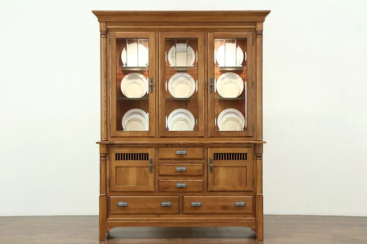 Oak Vintage China Display Cabinet, Lighted Beveled Leaded Glass, Richardson Bros