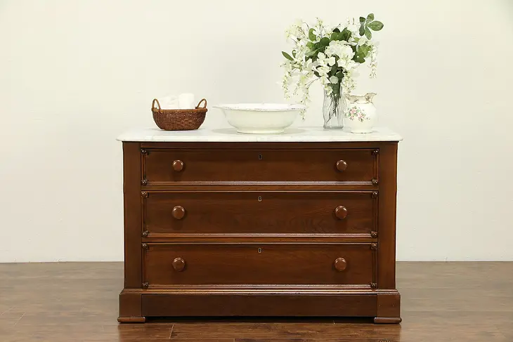 Victorian Antique Walnut Linen Chest or Dresser, Marble Top Secret Drawer #30393
