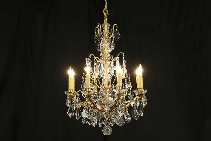 Brass Vintage 8 Candle Chandelier, Cut Crystal Prisms & Ball #31667