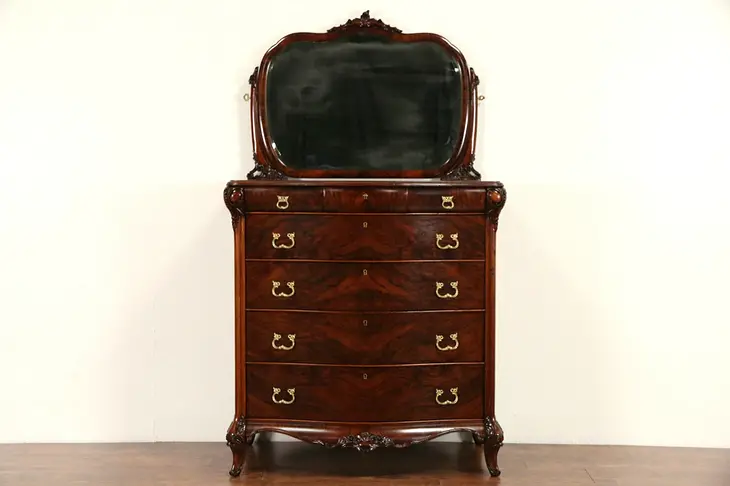 Tall Chest or Highboy w/ Mirror, 1920's Carved Mahogany Signed Sligh