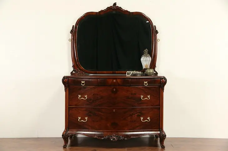 Dresser or Chest & Beveled Mirror, 1920's Carved Mahogany, Signed Sligh