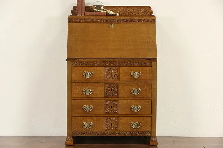 Oak 1890's Antique Carved Oak Secretary Desk, Original Brasses